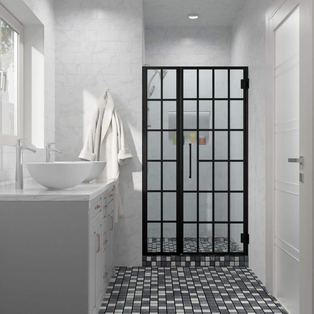 40" W x 72" H Matte Black Semi-Frameless Shower Door with Patterned Glass