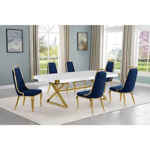 Miguel 7-Piece Rectangle White Wood Top Gold Stainless Steel Dining Set with 6 Navy Blue Chairs