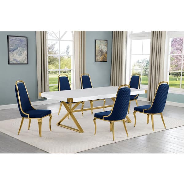 Best Quality Furniture Miguel 7-Piece Rectangle White Wood Top Gold Stainless Steel Dining Set with 6 Navy Blue Chairs