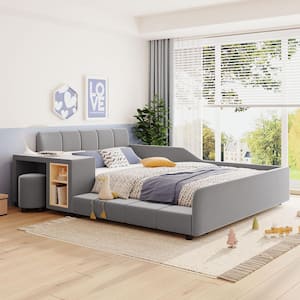 Gray Modern Luxury Wood Frame Full Size Soft Velvet Upholstered Platform Bed with Bedside Desk and Round Stool