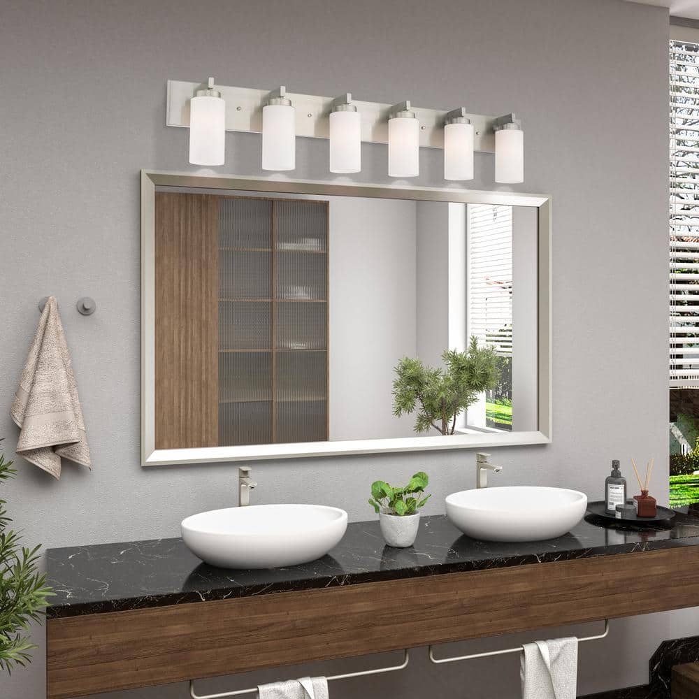 Brushed Nickel 6-Light Steel Vanity with Satin Opal Glass