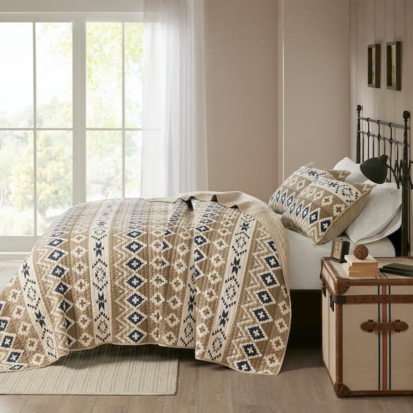 Montana 3-Piece Tan Cotton Percale King/Cal King Printed Oversized Mini Quilt Set
