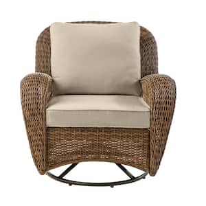 Beacon Park Brown Wicker Outdoor Patio Swivel Lounge Chair with CushionGuard Putty Tan Cushions