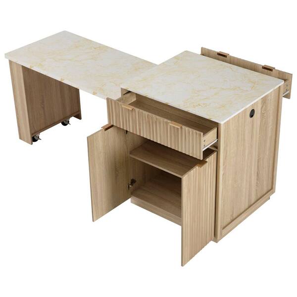 Cesicia Farmhouse Nature Wood 82.6 in. Kitchen Island Power Outlet
