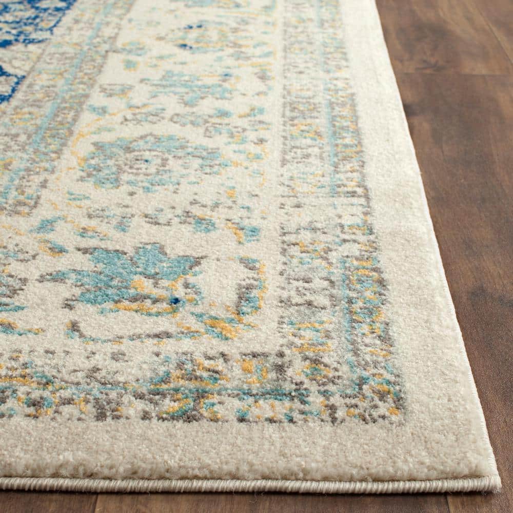 Ivory and Blue Floral High Pile Area Rug 8' x 10'