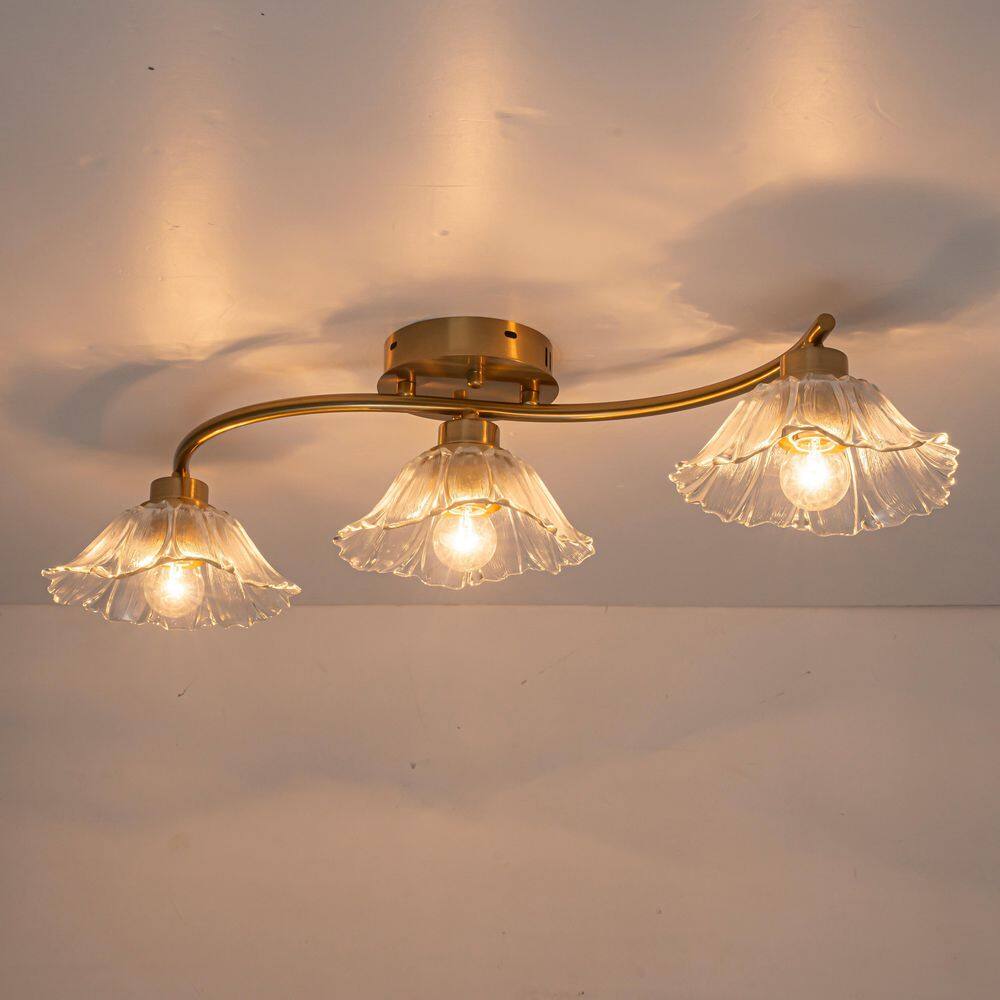 27 in. 3-Light Cluster Polished Gold Linear Semi-Flush Mount Ceiling Light with Clear Flower Glass Shade for Dining Room price history on PriceWatchPro