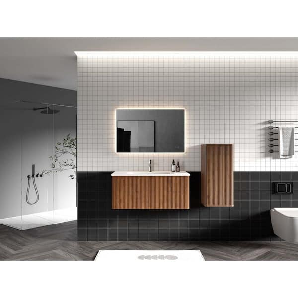 ENYA 35.8 in. W x 18.3 in. D x 15.6 in. H Single Sink Floating Bath Vanity in Walnut with White Ceramic Top