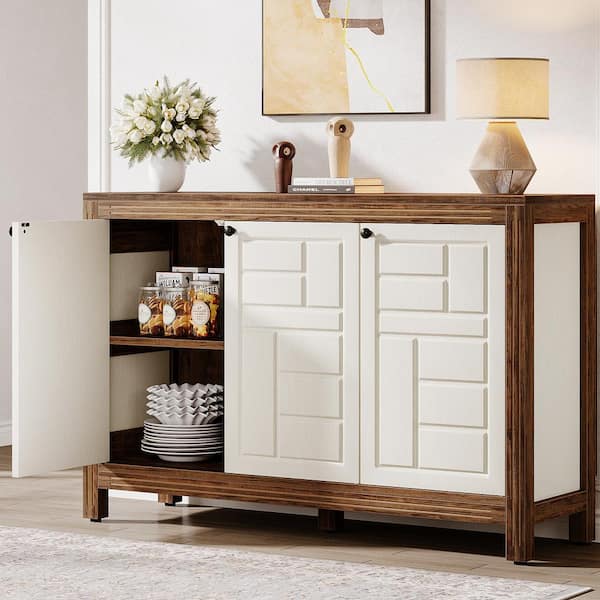 BYBLIGHT Ahlivia White and Brown Wood 47.24 in. Sideboard Buffet Cabinet with Adjustable Shelves for Dining Room Kitchen BB XK00675QP The Home Depot