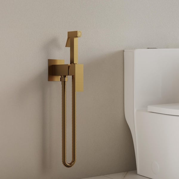 1-Handle Hot and Cold Bidet Faucet with Wall Mount Holder Solid Brass Body, Ceramic Cartridge in Brushed Gold