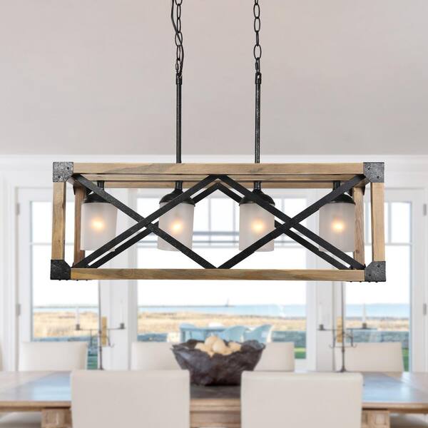 LNC Farmhouse Dining Room Chandelier, 4-Light Brown Wood/Black ...