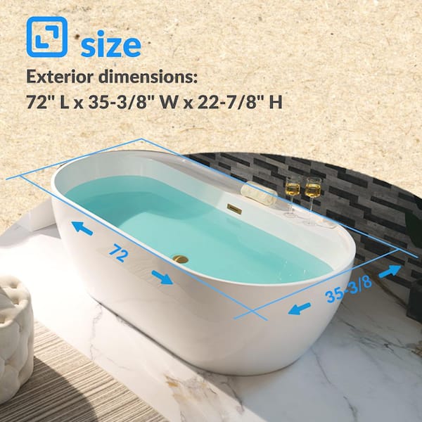 72 in. x 35.375 in. Acrylic Flatbottom Whirlpool, Air Heated Bathtub with Center Drain and Tub Filler Included in White