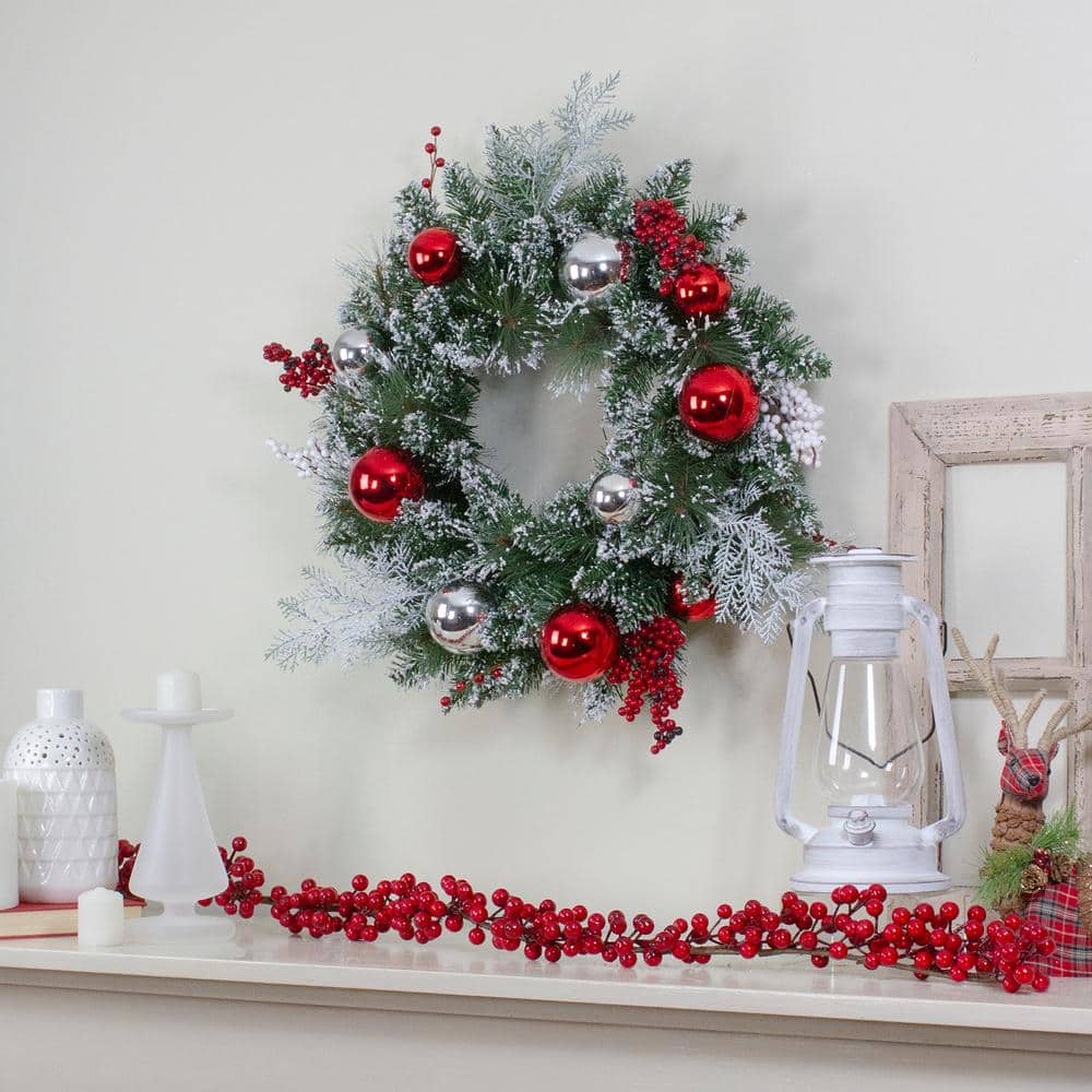Flocked Pine with Red Ornaments 24-Inch Artificial Christmas Wreath