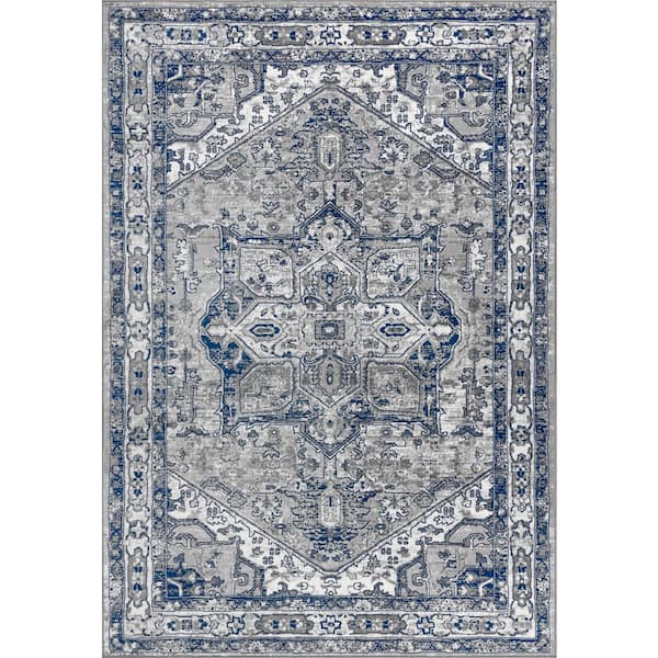 Modern Persian Vintage Medallion Light Grey/Navy 5 ft. x 8 ft. Area Rug