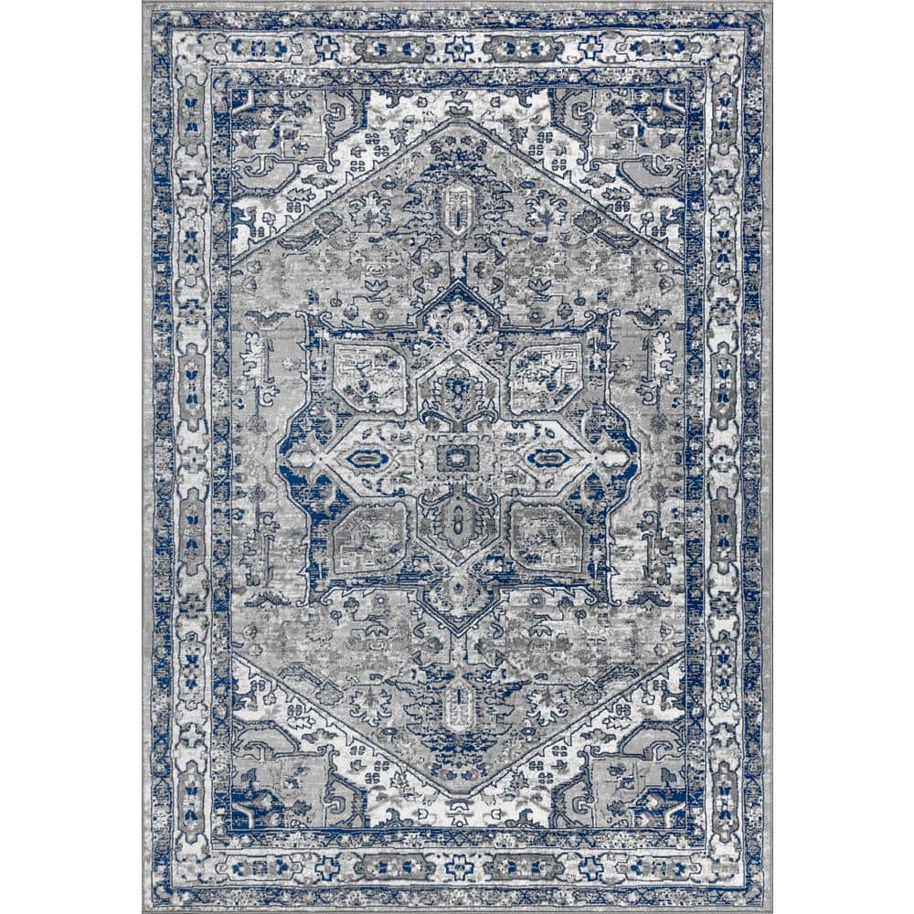Modern Elegance Gray and Navy 8' x 10' Synthetic Area Rug