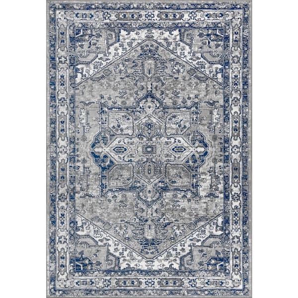 Modern Persian Vintage Grey/Navy 8 ft. x 10 ft. Medallion Light Area Rug