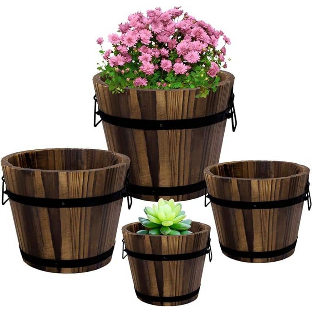 Rustic Wooden Whiskey Barrel Planter Set with Steel Handles