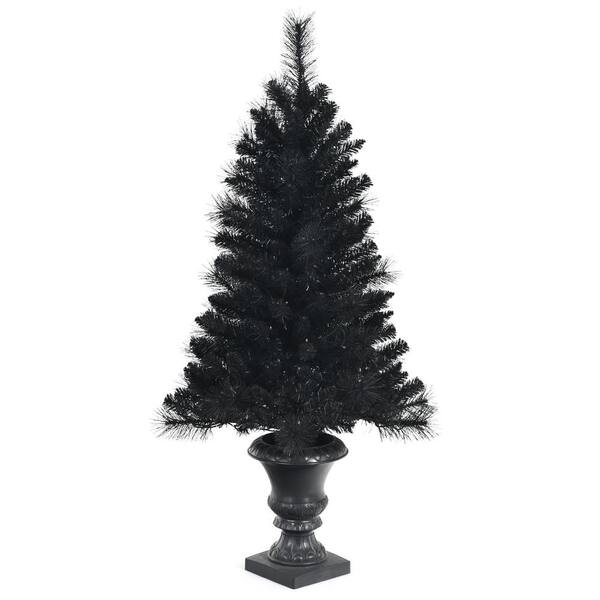 Costway 4 ft. Black Pre-Lit Artificial Christmas Tree Potted Xmas with 100 Orange LED Lights