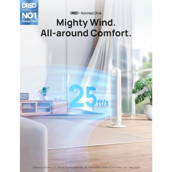 36 in. Nomad One S Tower Fan, 28 BD Quiet Fan, 90° Oscillating with Remote and Wi-Fi Voice Control in White