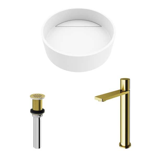 Matte Stone Round Vessel Bathroom Sink in White and Gotham Faucet in Matte Black