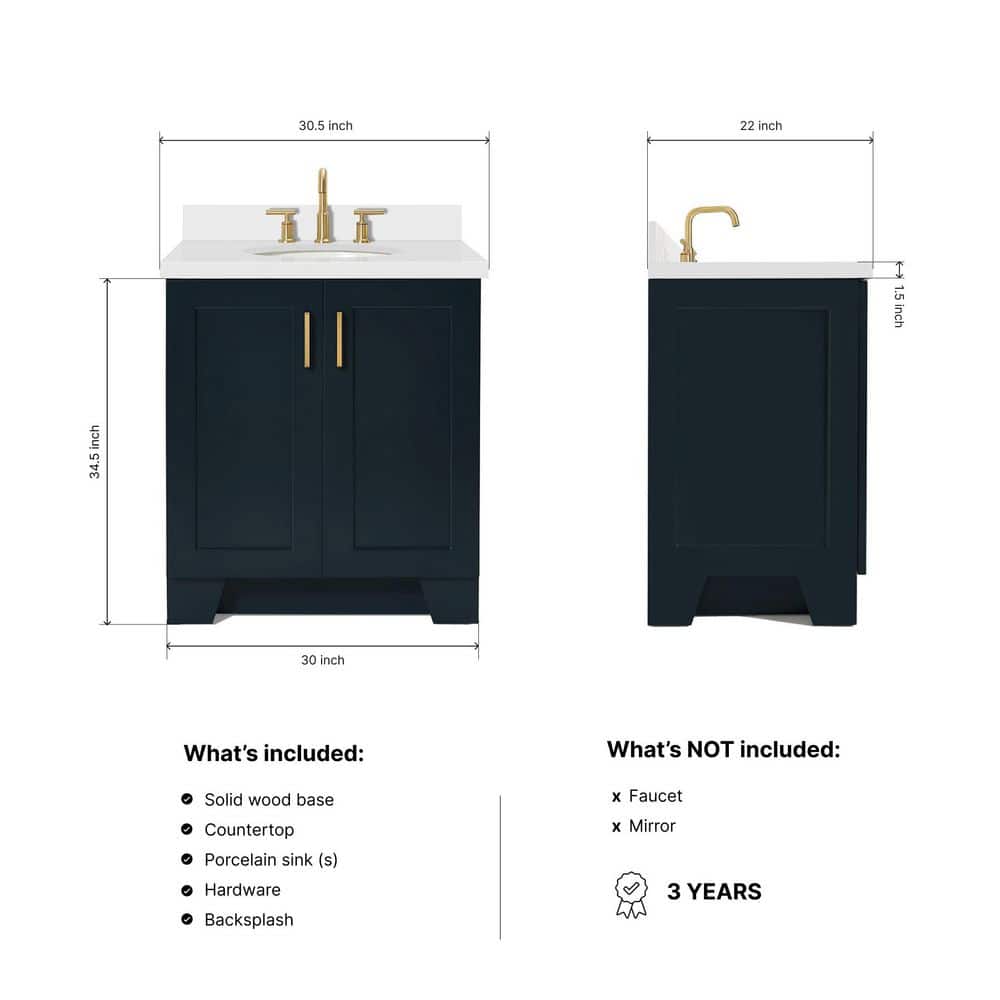 Midnight Blue 31" Bathroom Vanity with White Quartz Top