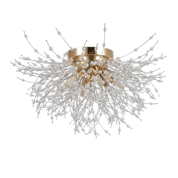 Unbranded 19.7 in. W 6-Light Gold Modern Sputnik Firework Crystal Chandelier Flush Mount Ceiling Light