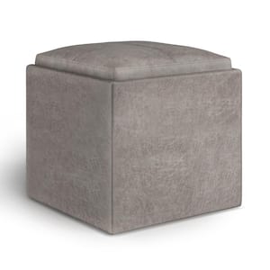 Rockwood 17 in. Wide Contemporary Square Cube Storage Ottoman with Tray in Distressed Grey Taupe Faux Leather