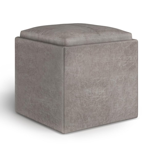 Simpli Home Rockwood 17 in. Wide Contemporary Square Cube Storage Ottoman with Tray in Distressed Grey Taupe Faux Leather