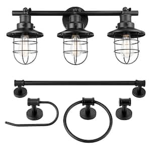 25 in. 5-Piece Bath in a Box 3-Light Matte Black Vanity Light with Cage Shades