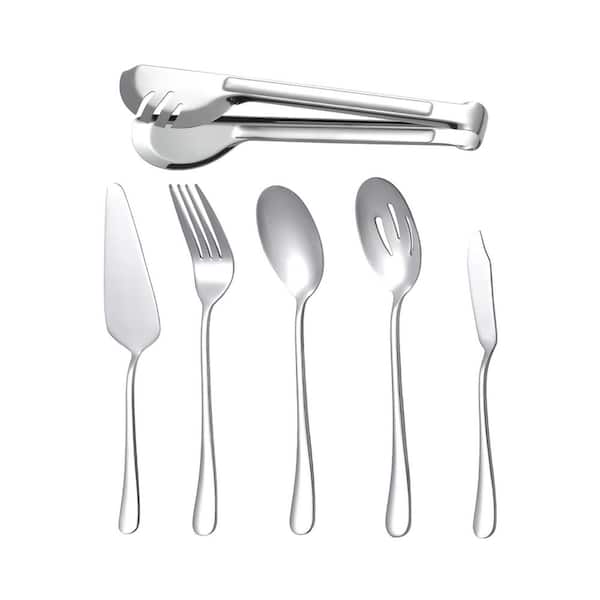Stainless steel Serving Utensils Set of 6, includes spoon, fork, tongs, butter knife & pie server, Silver
