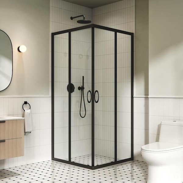 Breeze 34 in.W x 73 in. H Square Sliding Framed Corner Shower Enclosure in Matte Black Finish with Clear Glass