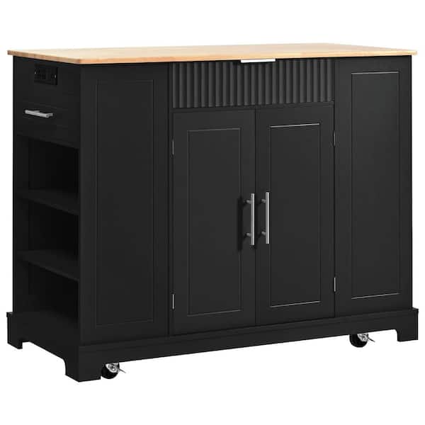 Rolling Black Wood Top 48.5 in. Kitchen Island Cart with Power Outlet, Tilt-out Trash Can, 3-Layer Open Shelves