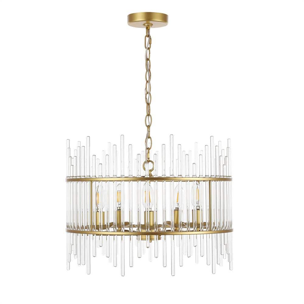 Gold and Crystal 5-Light Drum Chandelier with Glass Rods