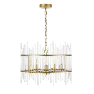 5-Light Gold Pendant Light Fixture with Glass Pillar Lampshade