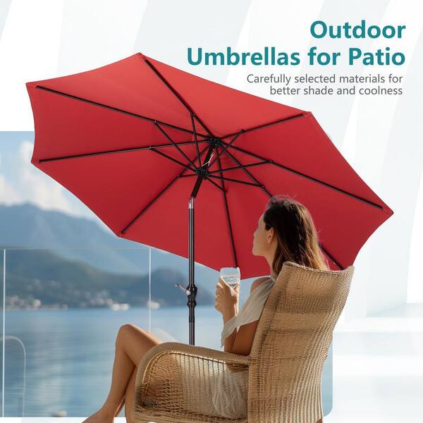 9 red patio umbrella Foot Auto-Tilt Market Jockey The At Home Red Outdoor Patio Umbrella is a 9 9' Patio Umbrella Outdoor Table