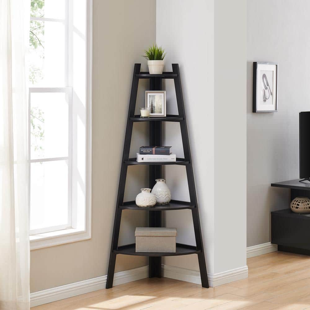 Black 68" Five-Tier Corner Ladder Shelf
