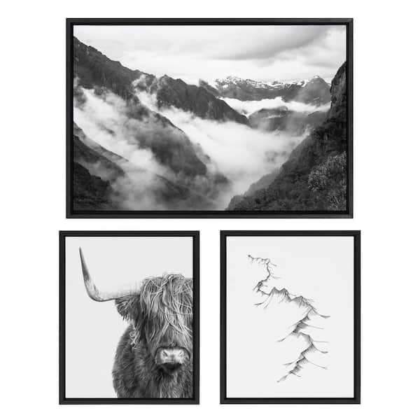 Kate and Laurel BW Highland Cow No.1, Mountains, and Inca Trail Framed Animal Canvas Wall Art Print 33 in. x 23 in. (Set of 2)