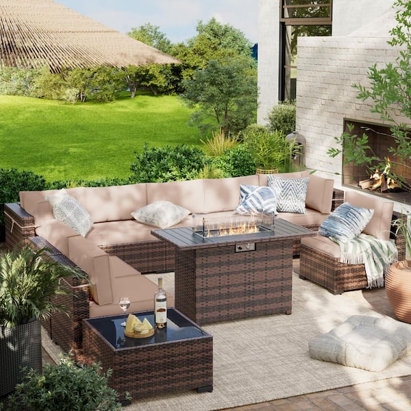 10-Piece Wicker Patio Conversation Sectional Seating Set With Beige Cushions With Fire Pit Table