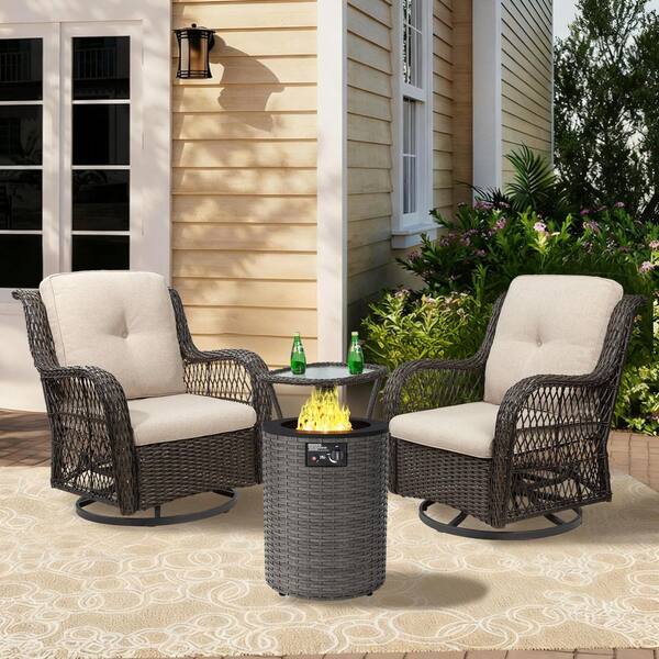 4-Piece Wicker Outdoor Patio Firepit Conversation Set Chat Set with Beige Cushions, 1 Firepit and 1 Table