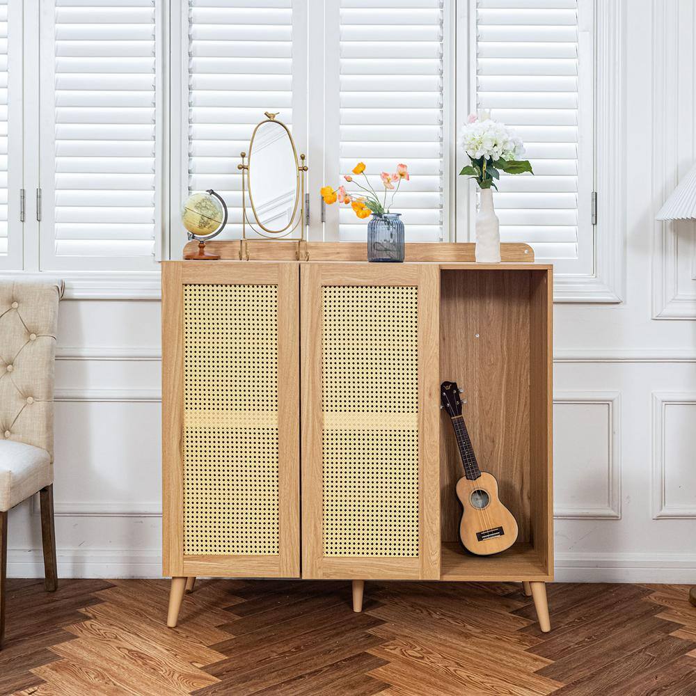 Farmhouse Oak 43.3'' Accent Cabinet with Faux Rattan Doors