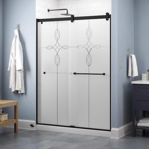 Delta Lyndall Contemporary 50-1/8 to 58-1/2 in. W x 71 in. Frameless Sliding Shower Door, Matte Black, Tranquility Glass
