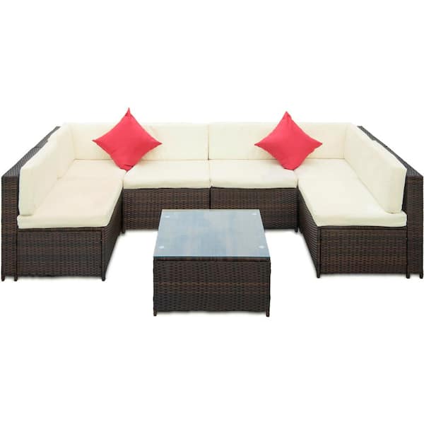 Utopia 4niture Leana Brown 7-Piece Wicker Outdoor Sectional Set with Tempered Glass Coffee Table and 2 Pillow in Beige Cushions