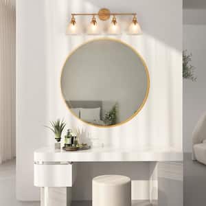 Vintage Brushed Gold Bathroom Vanity Light 31.5 in. 4-Light Powder Room Wall Sconce with White Frosted Bell Glass Shades