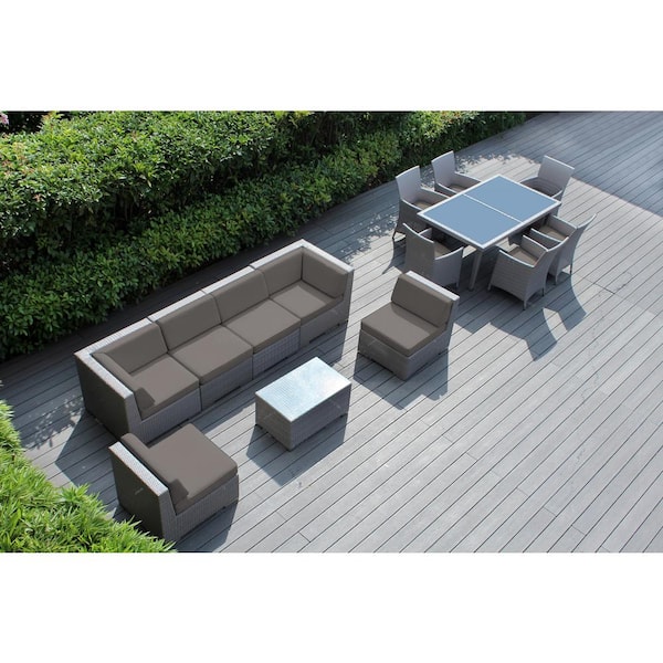 Gray 14-Piece Wicker Patio Combo Conversation Set with Sunbrella Taupe Cushions