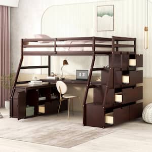 Espresso Twin Size Loft Bed with Built- In Desk, 7 Drawers, 2 Shelves and Staircases