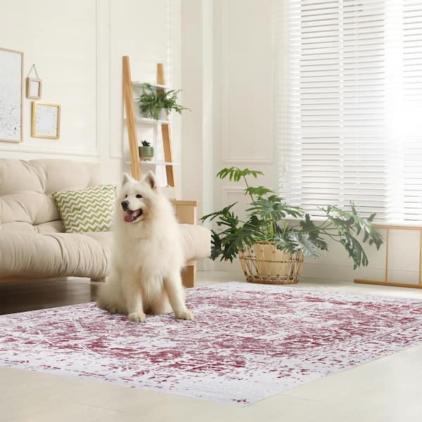Himalayas Burgundy Creme 5 ft. 4 in. x 8 ft. Machine Washable Modern Abstract Polyester Non-Slip Backing Area Rug