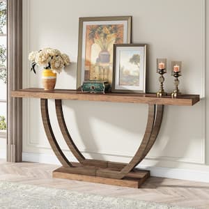 Catalin 63 in. Brown Rectangular Sofa Table Wood Console Table with 2-Tier Shelf