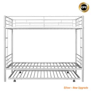 Silver Modern Twin Over Twin Bunk Bed with Trundle with Metal Frame & Guard Rails Bed Frame Can be Divided into 2 Bed