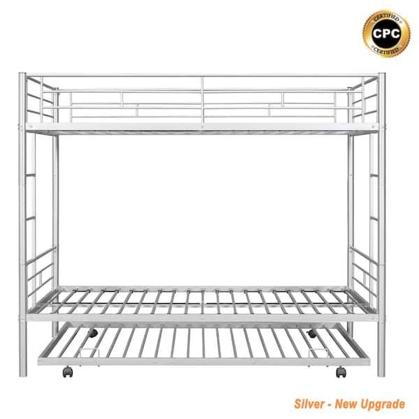 YOFE Silver Modern Twin Over Twin Bunk Bed with Trundle with Metal Frame & Guard Rails Bed Frame Can be Divided into 2 Bed