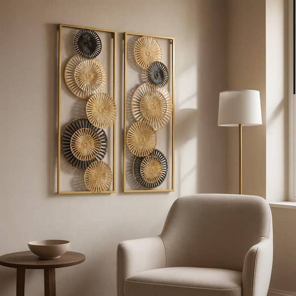 32 in. x 12 in. Gold/Black Metal Rectangle Pierced Disc Wall Architectural Decor (Set of 2)