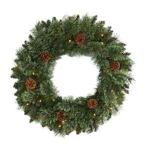 24 in. Pre-Lit Green White-Mountain Pine Artificial Christmas Wreath with 35 LED Lights and Pine Cones